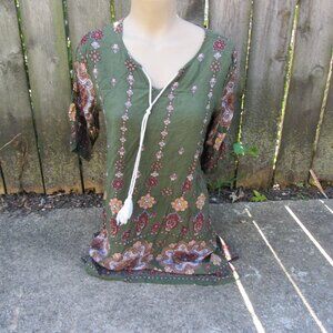 aranee green boho tunic top blouse size small (CL319)